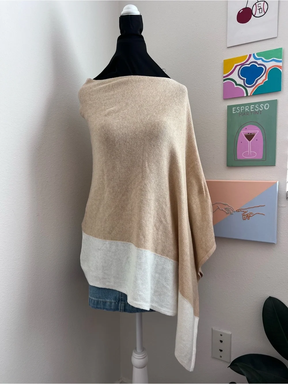 NWT J.Crew Colorblock Knit Poncho Wrap – Beige Ivory Cotton Cashmere Lightweight